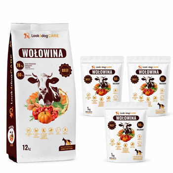 Zestaw: Sucha karma Look4dog CARE Wołowina bez zbóż i kurczaka 12 kg+3x1kg